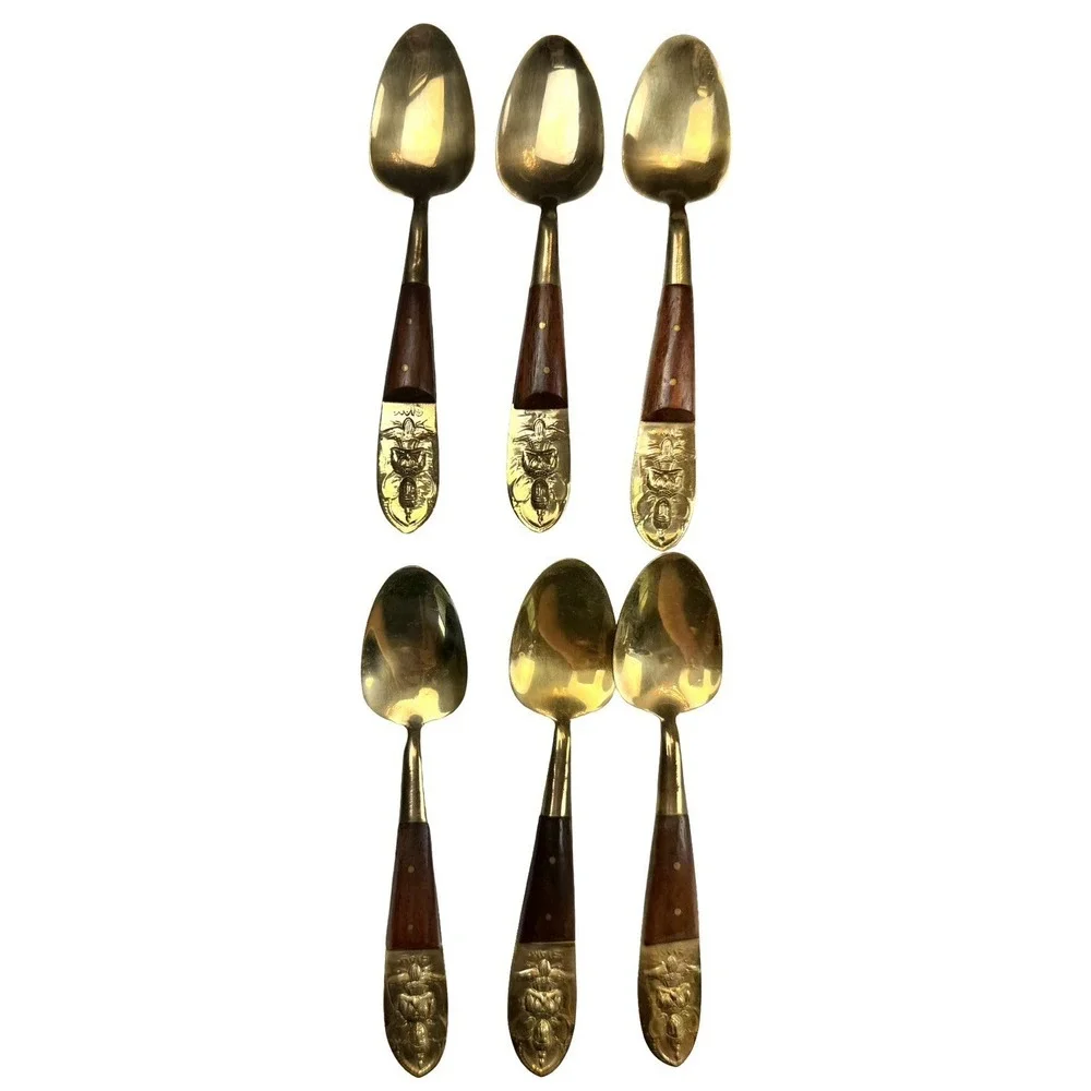Vintage Siam Thailand Brass Buddha Flatware Set Wood Handle MCM 21pc